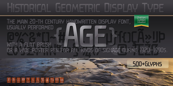Display typeface Age 2017, geometric sans serif, 20-th century font for outdoor signage, ussr, soviet, latin extended, diacritics, cyrillic, greek