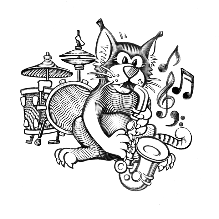 Cat with saxophone — engraving, illustration, bookplate, exlibris