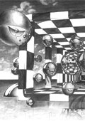 Лена — зеркальные шары в шахматном коридоре — 2006dec05 — рисунок карандашом